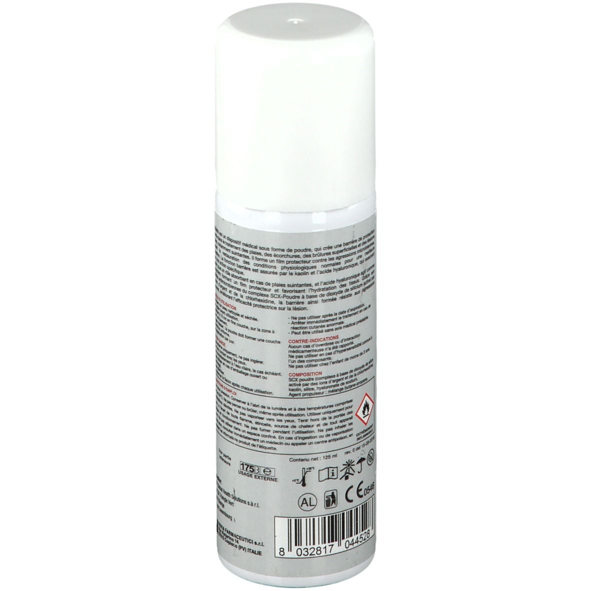 Kadermin Spray Poudre. Dos du flacon avec texte. Bouchon blanc. Flacon argenté. Texte et logos.