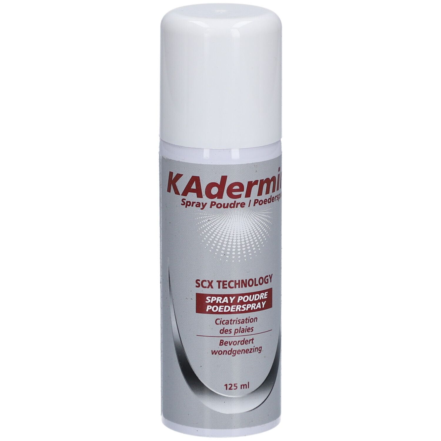 Kadermin Spray Poudre. Flacon argenté avec bouchon blanc. Texte: SCX TECHNOLOGY, Spray Poudre, 125 ml.