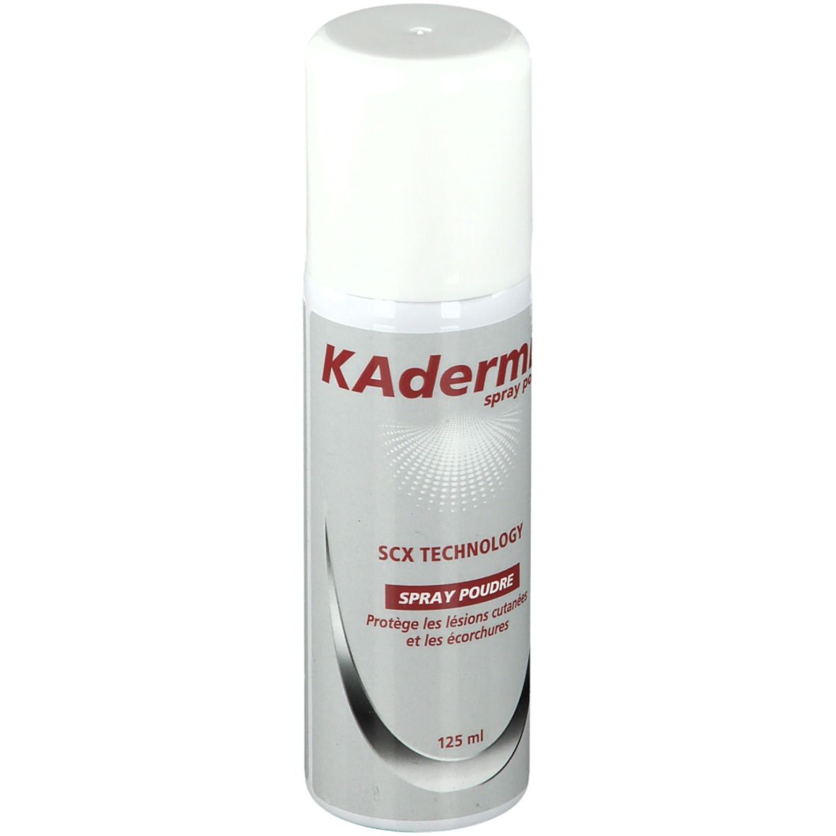 Kadermin Spray Poudre. Flacon argenté avec bouchon blanc. Texte: SCX TECHNOLOGY, Spray Poudre, 125 ml.