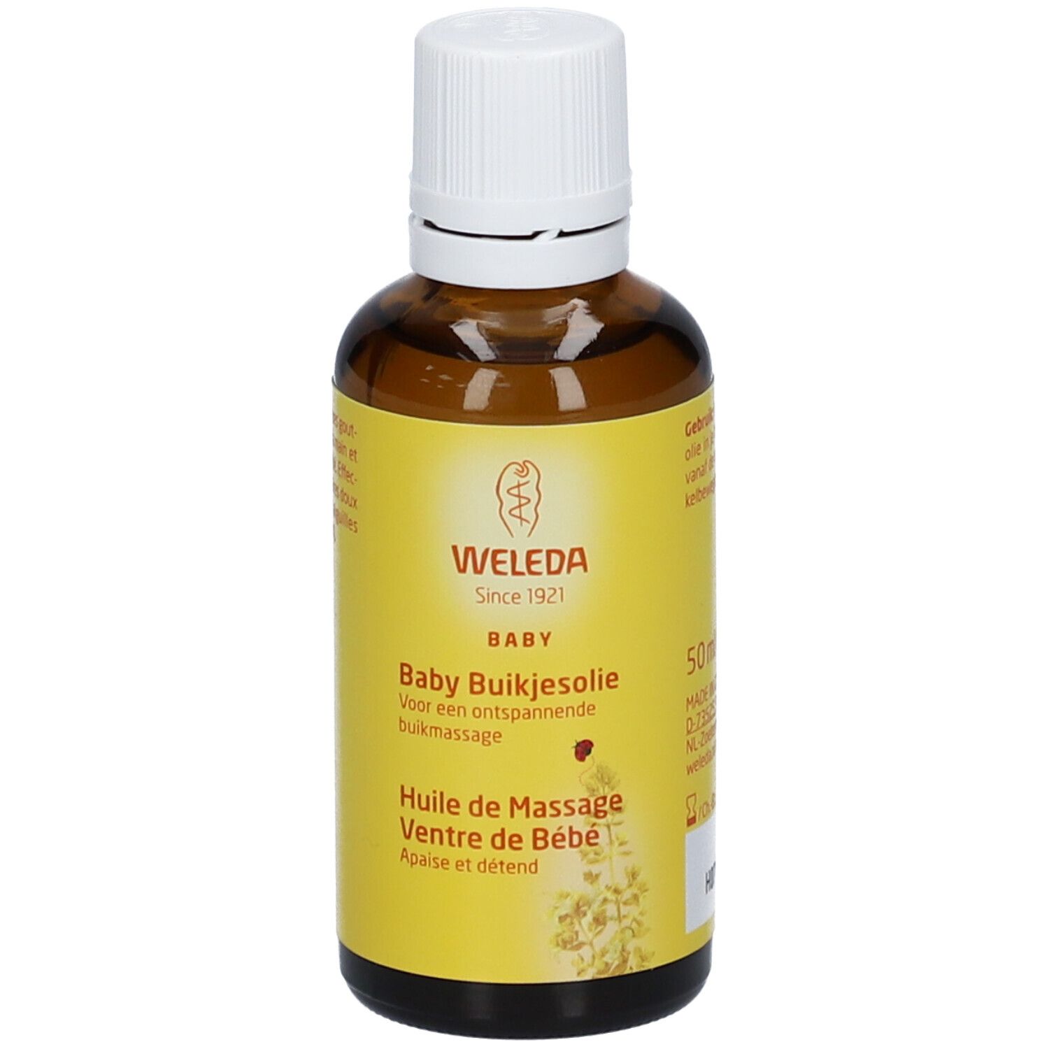 Bruine glazen fles met witte dop. Geel etiket met tekst: WELEDA, Baby, Baby Buikjesolie, Huile de Massage Ventre de Bébé.