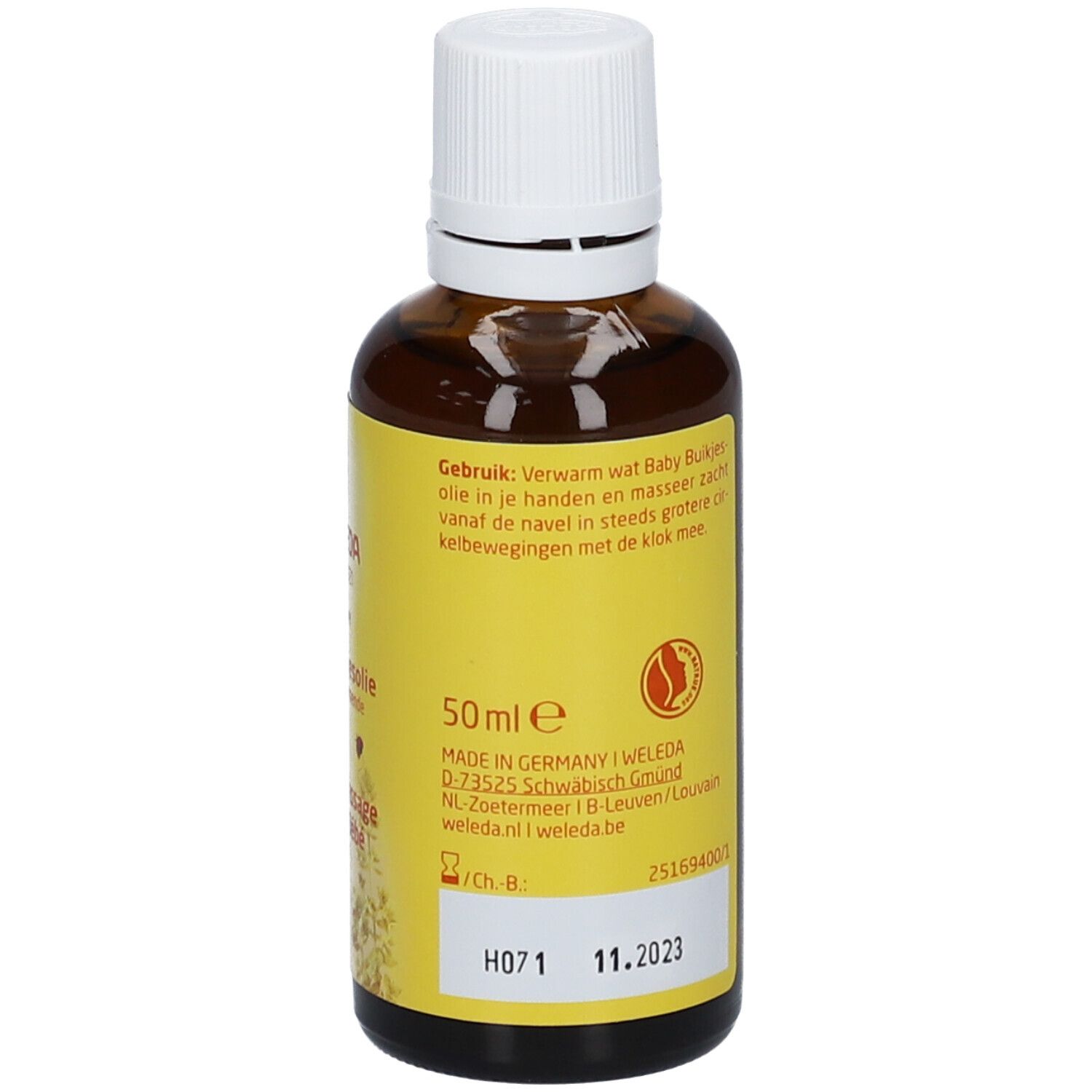 Bruine glazen fles met witte dop. Geel etiket met tekst: 50ml, Made in Germany, WELEDA. Productie- en vervaldatum.