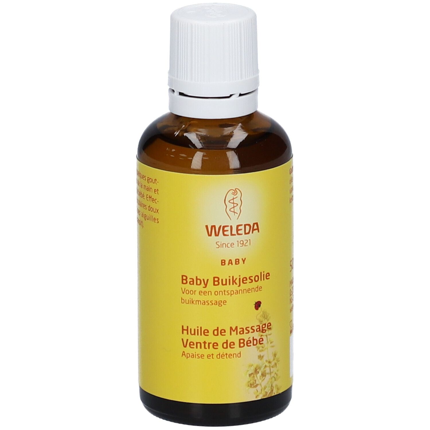 Bruine glazen fles met witte dop. Geel etiket met tekst: WELEDA, Baby, Baby Buikjesolie, Huile de Massage Ventre de Bébé, 50ml.