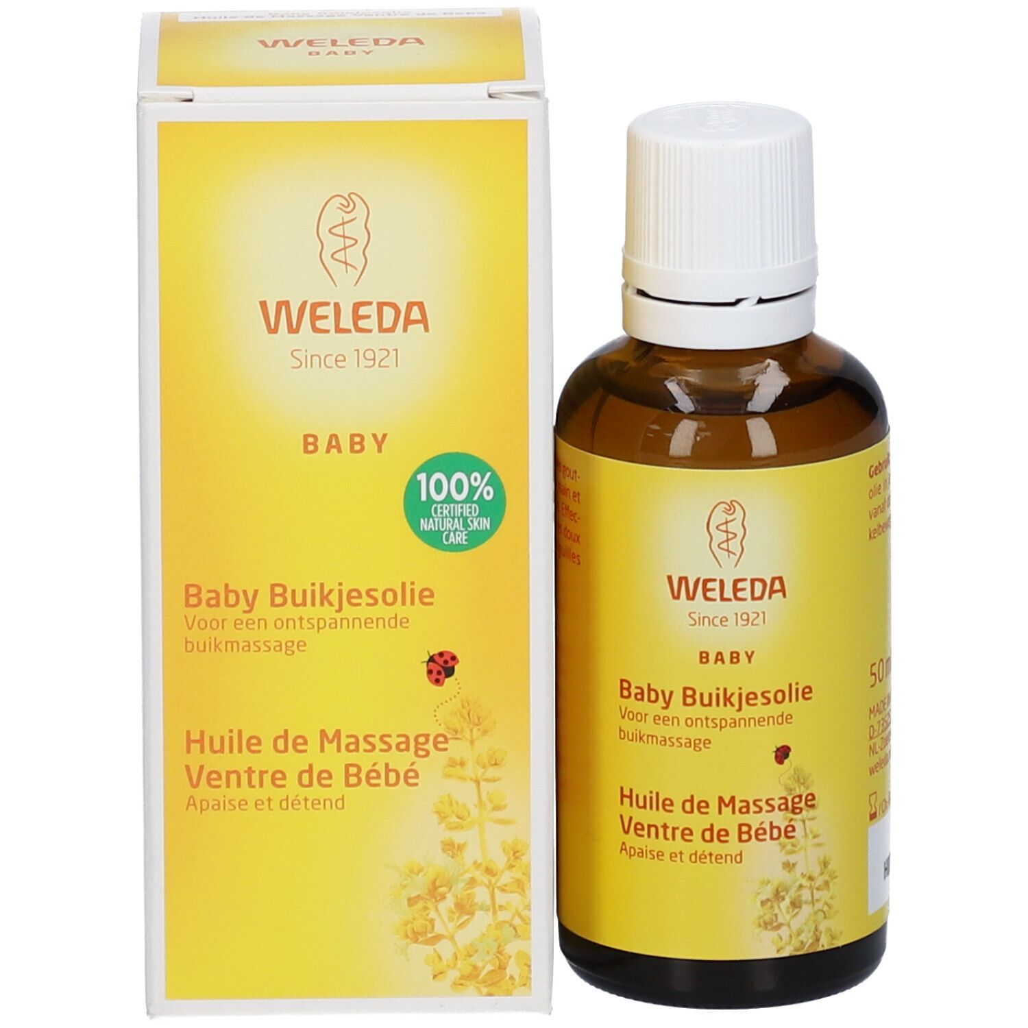 Bruine glazen fles met witte dop en gele verpakking. Tekst: WELEDA, Baby, Baby Buikjesolie, Huile de Massage Ventre de Bébé, 100% Certified Natural Skin Care.