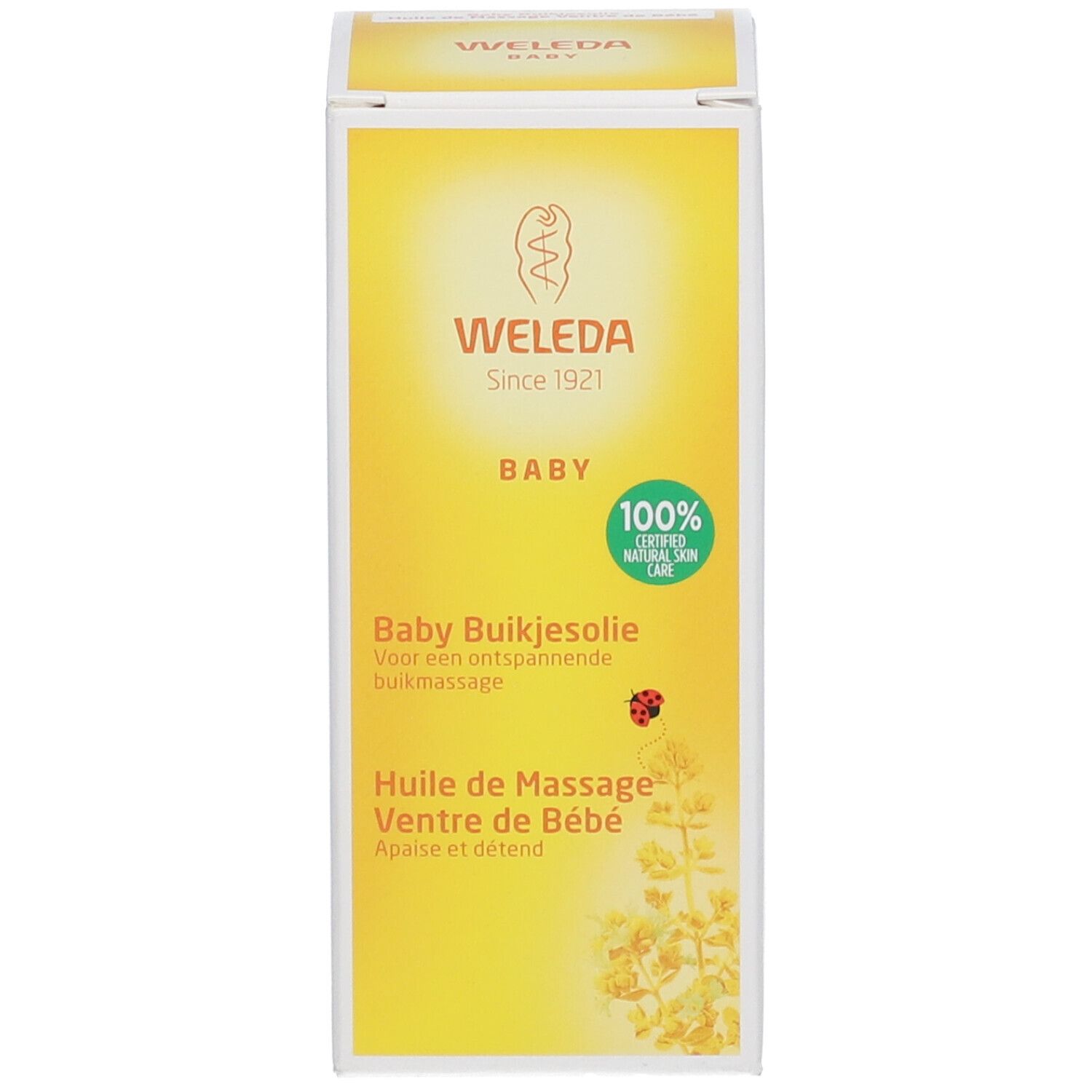 Gele verpakking met tekst: WELEDA, Baby, Baby Buikjesolie, Huile de Massage Ventre de Bébé, 100% Certified Natural Skin Care.