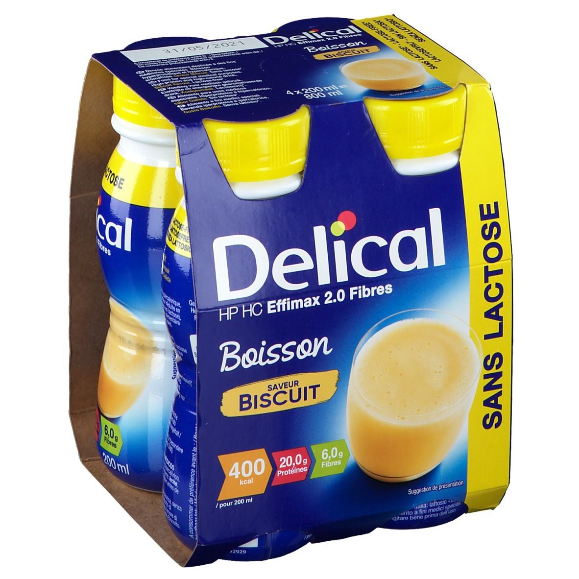 Emballage de quatre bouteilles Delical Effimax 2.0 Biscuit. Emballage bleu et jaune. Informations nutritionnelles et nom du produit imprimés.