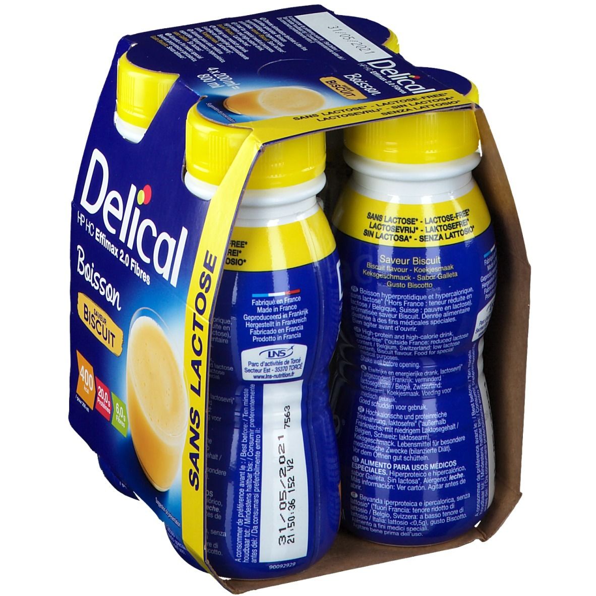 Emballage de quatre bouteilles Delical Effimax 2.0 Biscuit. Vue arrière avec informations produit et date de péremption.