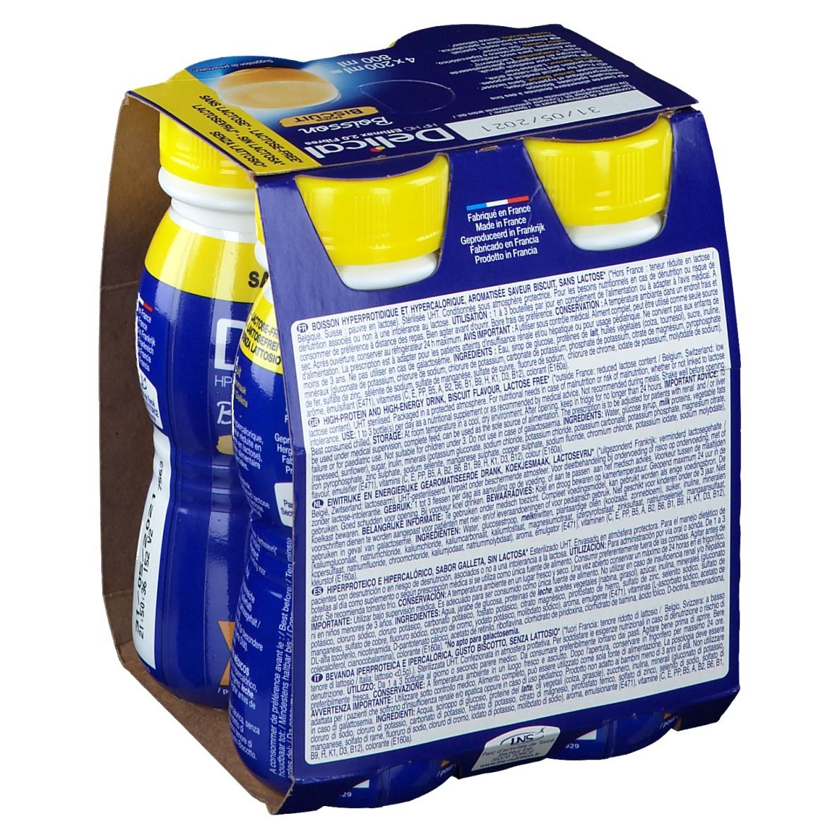 Vue arrière de l'emballage de quatre bouteilles Delical Effimax 2.0 Biscuit. Informations textuelles et nutritionnelles.