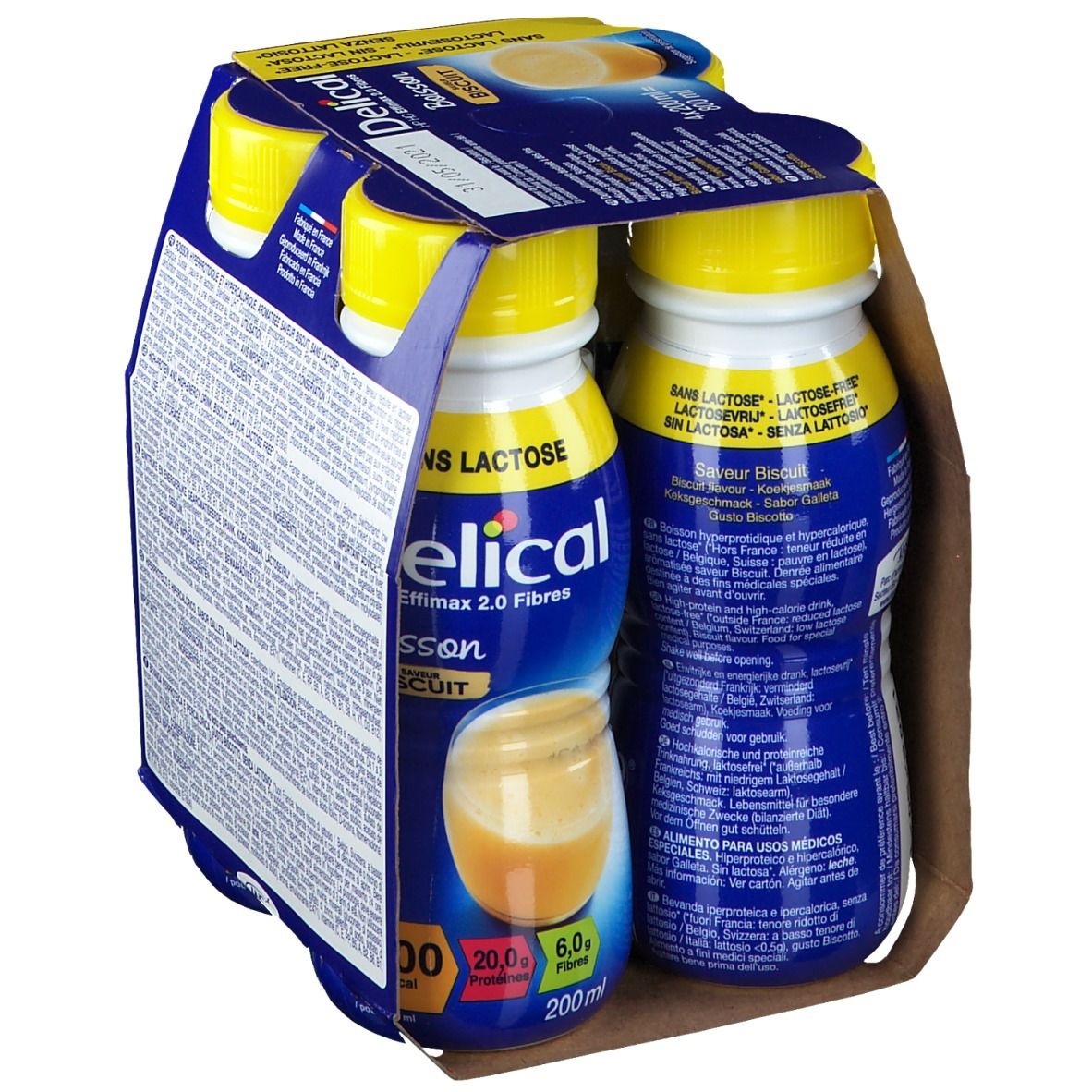 Emballage de quatre bouteilles Delical Effimax 2.0 Biscuit. Vue arrière avec informations produit et nutritionnelles.
