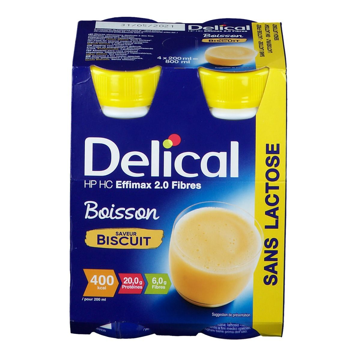 Emballage de quatre bouteilles Delical Effimax 2.0 Biscuit. Emballage bleu et jaune. Informations nutritionnelles et nom du produit imprimés.