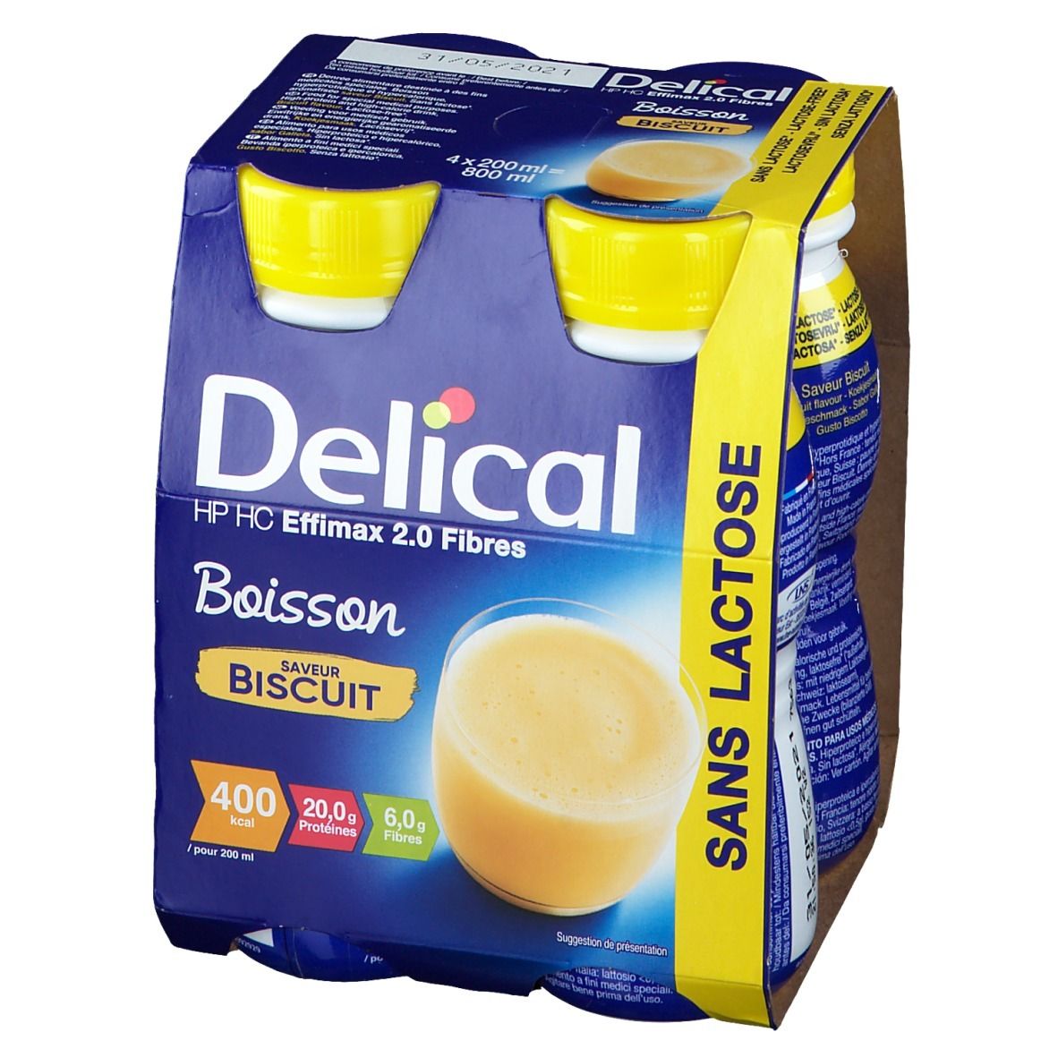 Emballage de quatre bouteilles Delical Effimax 2.0 Biscuit. Emballage bleu et jaune. Informations nutritionnelles et nom du produit imprimés.
