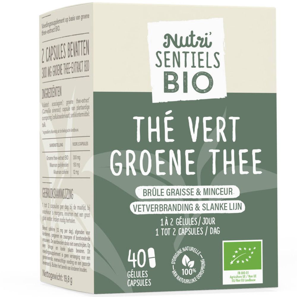 Boîte Nutri'Sentiels Bio Thé Vert. Contient 40 gélules. Texte: Thé Vert, Groene Thee, Brûle Graisse & Minceur, Vetverbranding & Slanke Lijn.