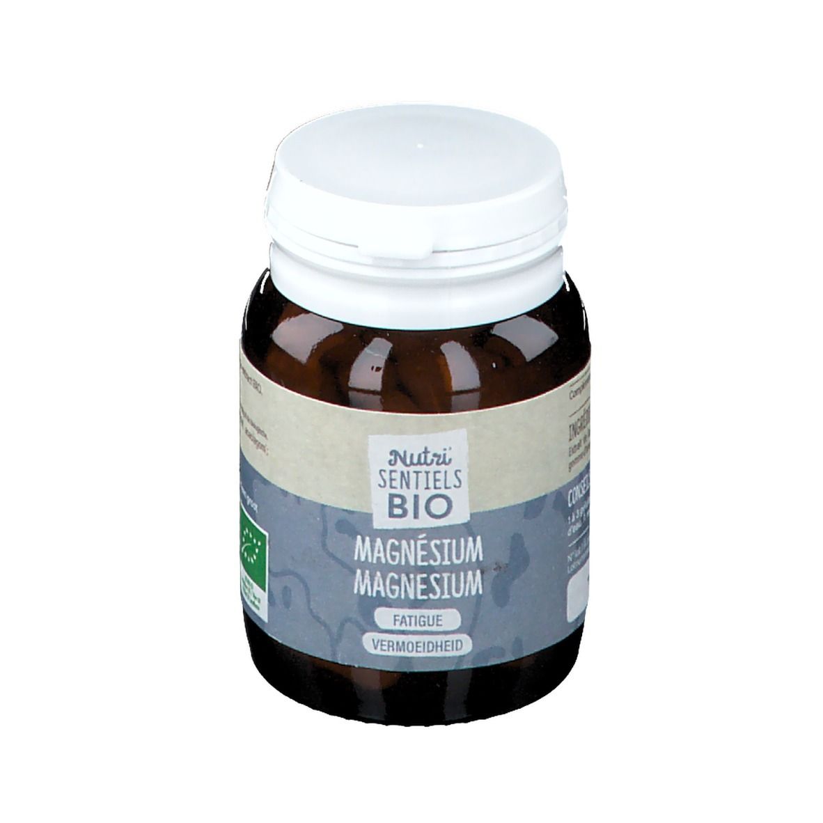 Flacon en verre brun avec bouchon blanc. Inscription: Nutri Sentiels BIO, Magnésium. Label bio.