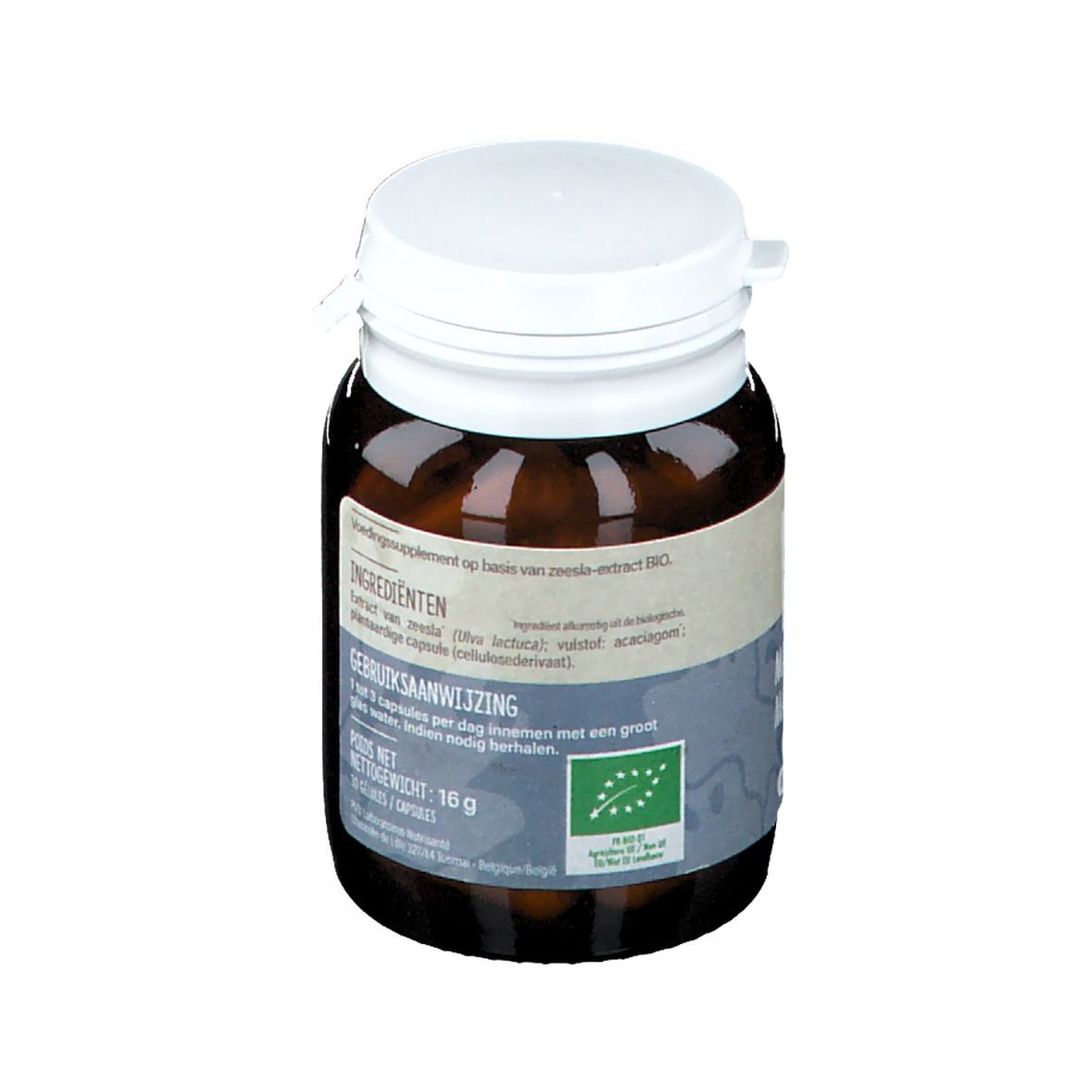 Flacon en verre brun avec bouchon blanc. Dos avec ingrédients et conseils d'utilisation. Label bio.