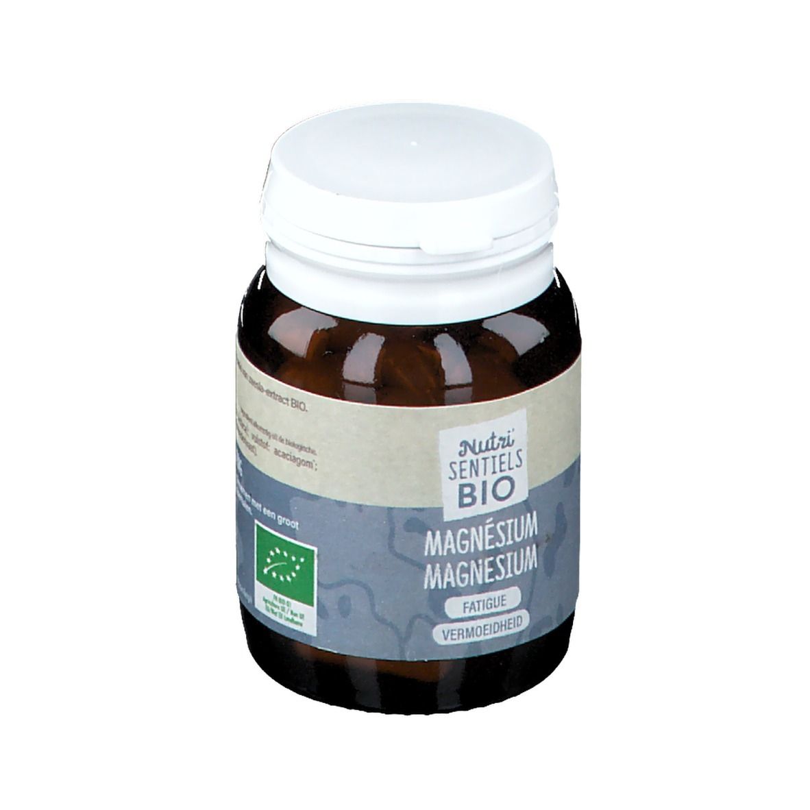 Flacon en verre brun avec bouchon blanc. Inscription: Nutri Sentiels BIO, Magnésium. Label bio.