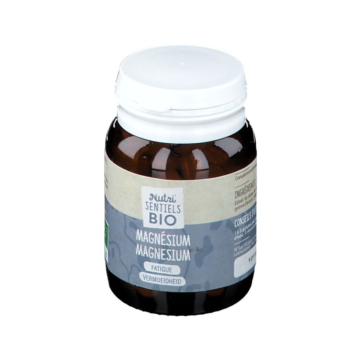Flacon en verre brun avec bouchon blanc. Inscription: Nutri Sentiels BIO, Magnésium. Label bio.