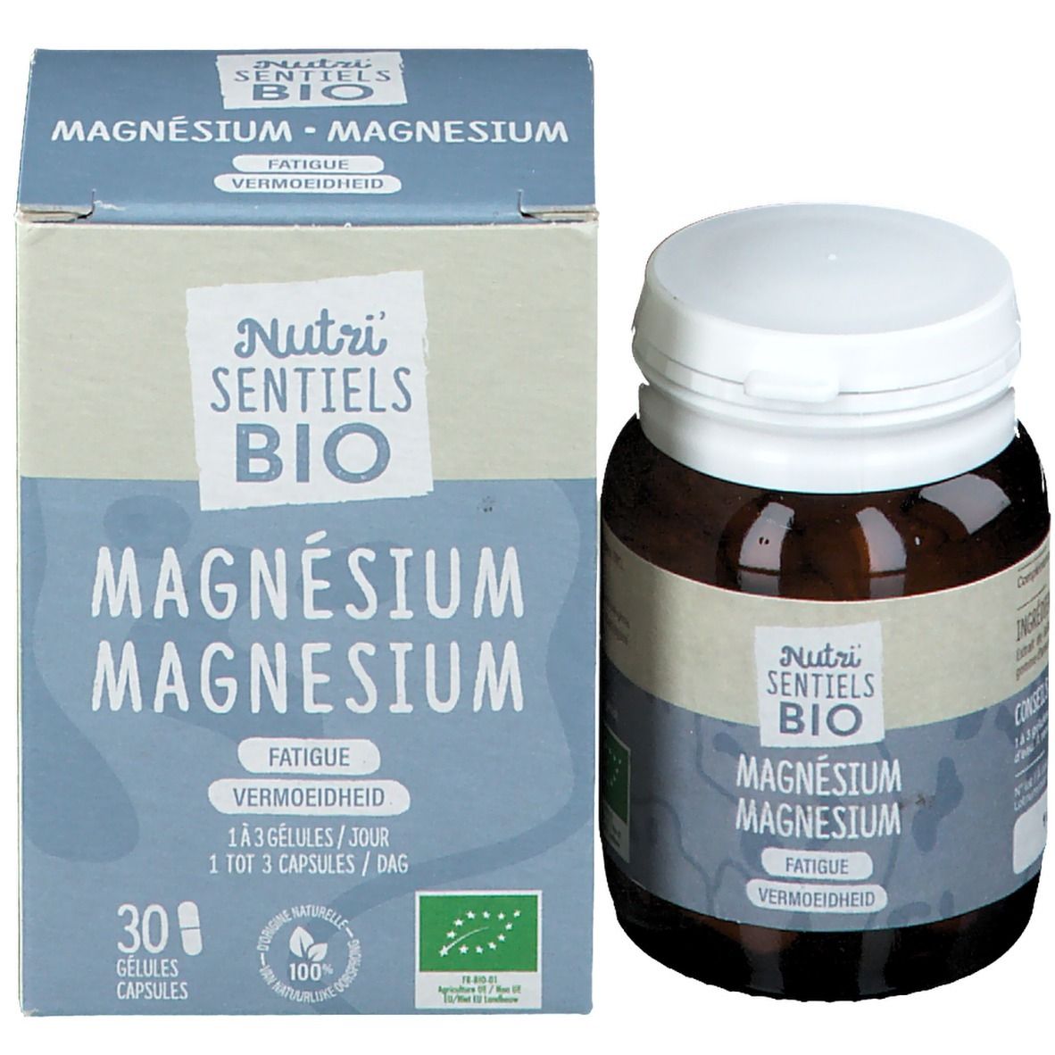 Emballage et flacon. Inscription: Nutri Sentiels BIO, Magnésium. 30 gélules. Label bio.