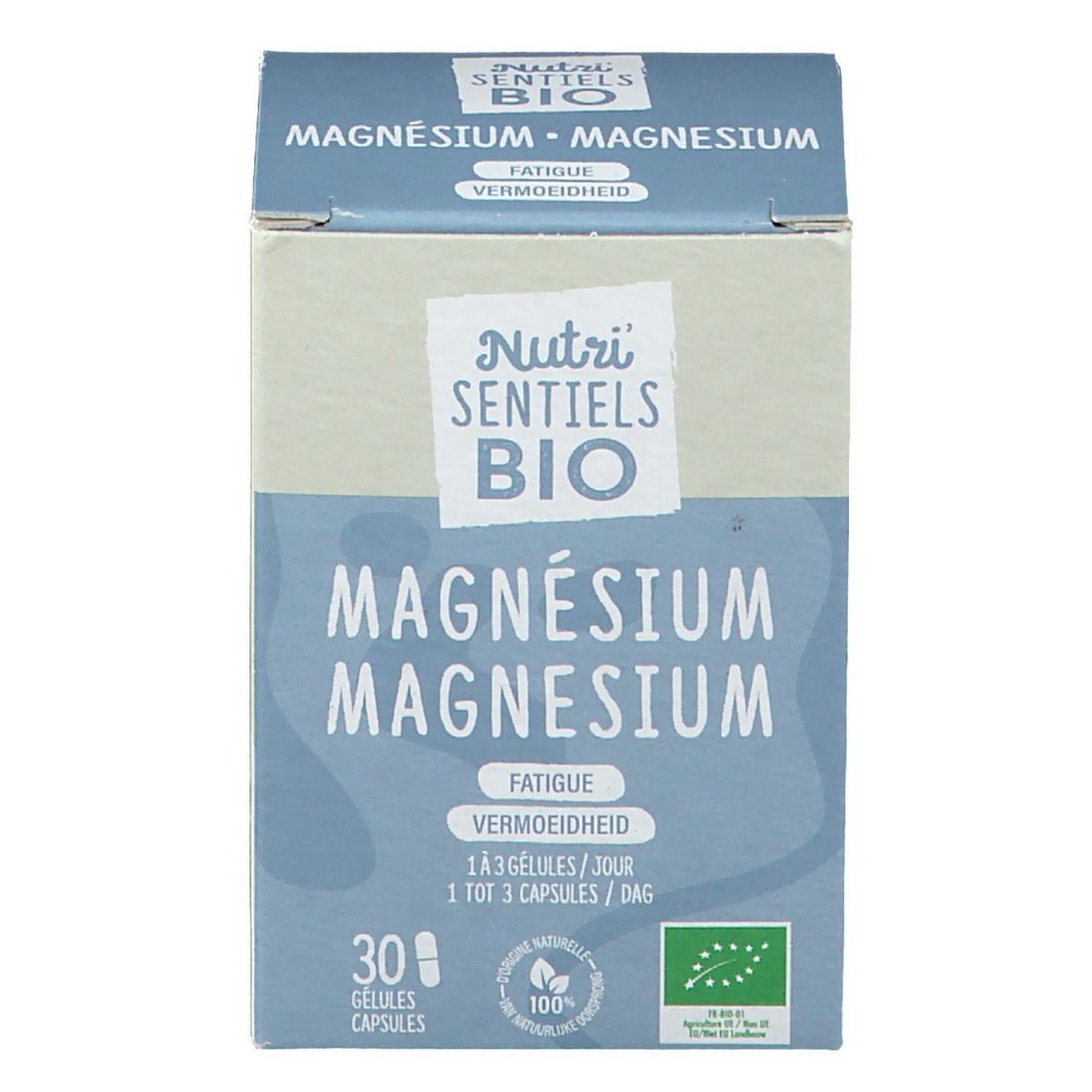 Emballage du produit. Inscription: Nutri Sentiels BIO, Magnésium. 30 gélules. Label bio.