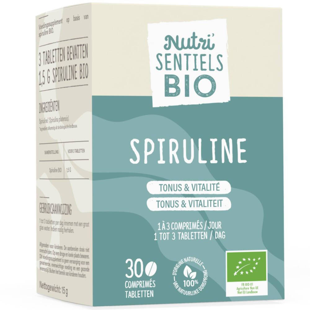 Verpakking met spirulina tabletten. Merk Nutri Sentiels BIO. Bevat 30 tabletten. Bio-keurmerk.