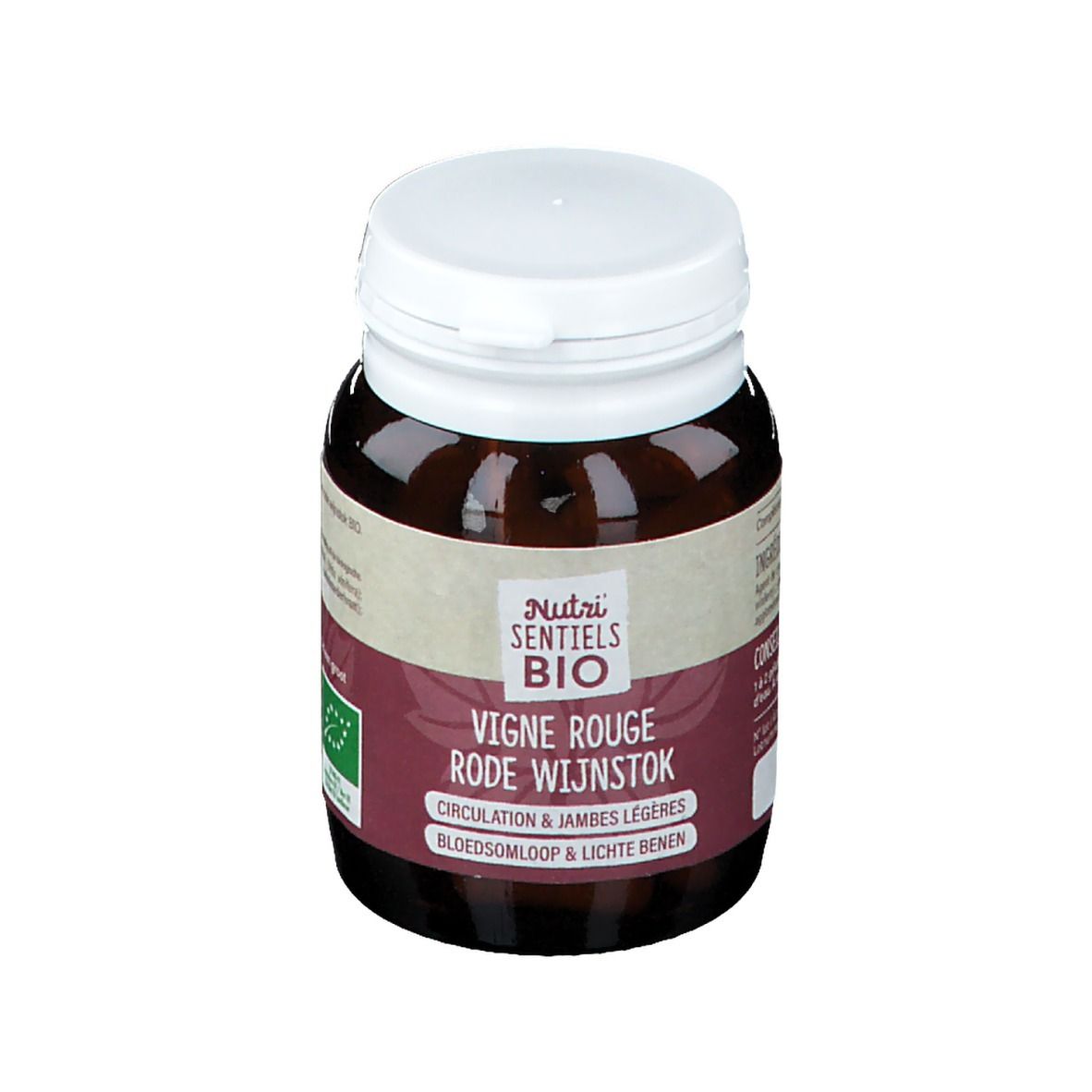 Bruine fles met witte dop. Etiket met productnaam en bio-keurmerk. Capsules voor de gezondheid.
