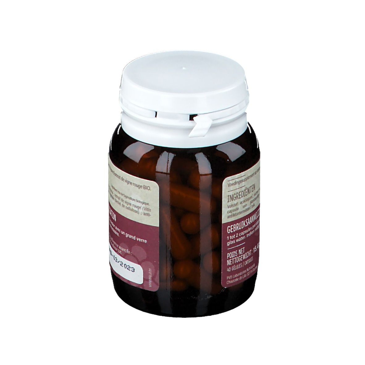 Bruine fles, witte dop. Capsules zichtbaar. Etiket met productinformatie. Bio-keurmerk.