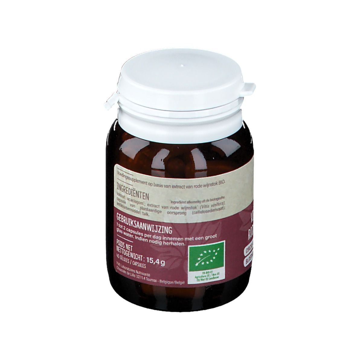 Bruine fles, witte dop. Etiket met ingrediënten en dosering. Bio-keurmerk. 15,4g.
