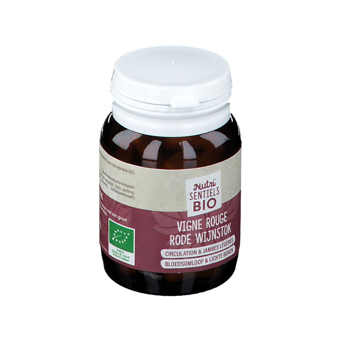 Bruine fles met witte dop. Etiket met productnaam en bio-keurmerk. Capsules voor de gezondheid.