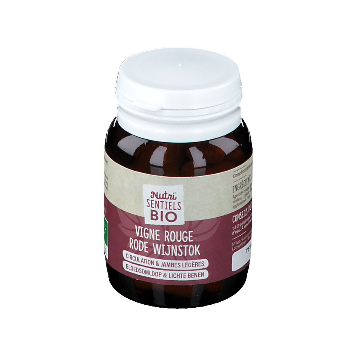 Bruine fles met witte dop. Etiket met productnaam en bio-keurmerk. Capsules voor de gezondheid.