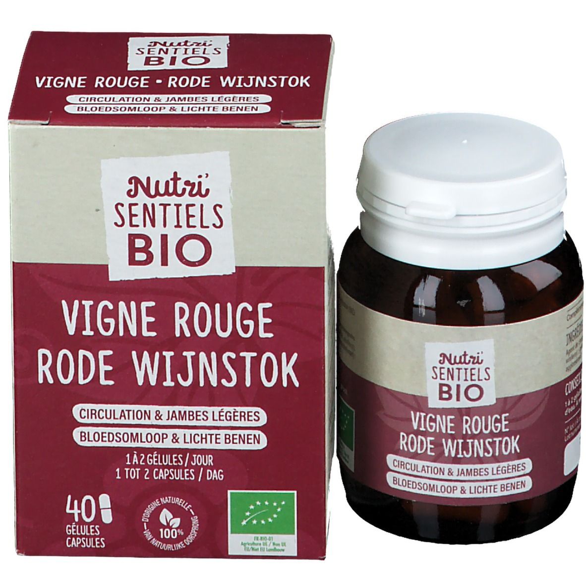 Productverpakking en fles. Verpakking met productnaam en bio-keurmerk. Fles met capsules.