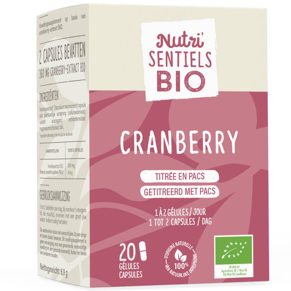 Boîte Nutri'Sentiels Bio Cranberry. Inscription : 20 gélules, Cranberry, label bio. Fond blanc et rouge.