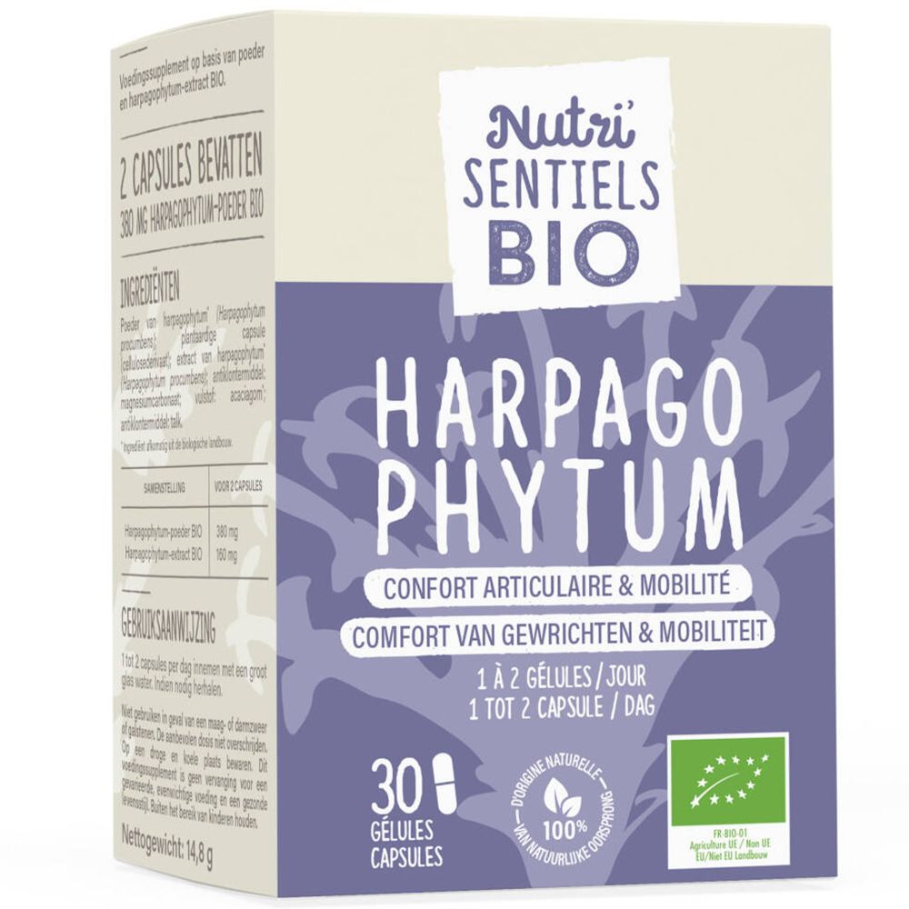 Doos Nutri'Sentiels Bio Harpagophytum. Tekst: Harpagophytum, comfort van gewrichten & mobiliteit. 30 capsules. Bio-keurmerk.