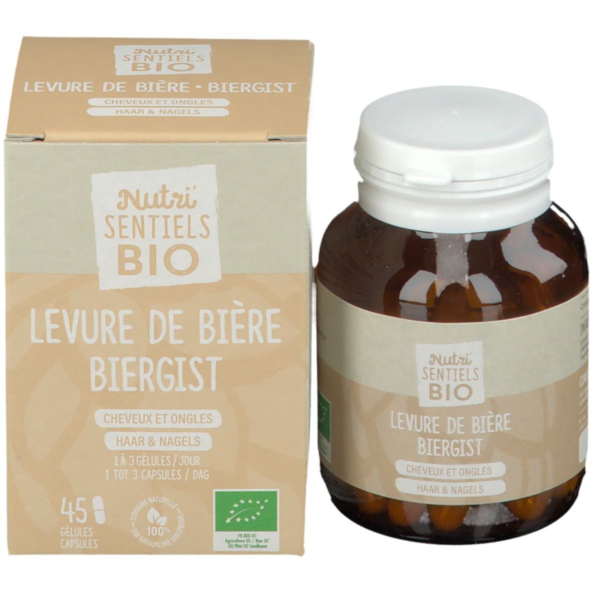 Emballage et flacon. Inscriptions: Nutri'Sentiels BIO, Levure de Bière Biergist, Cheveux & Ongles. 45 gélules. Label bio.