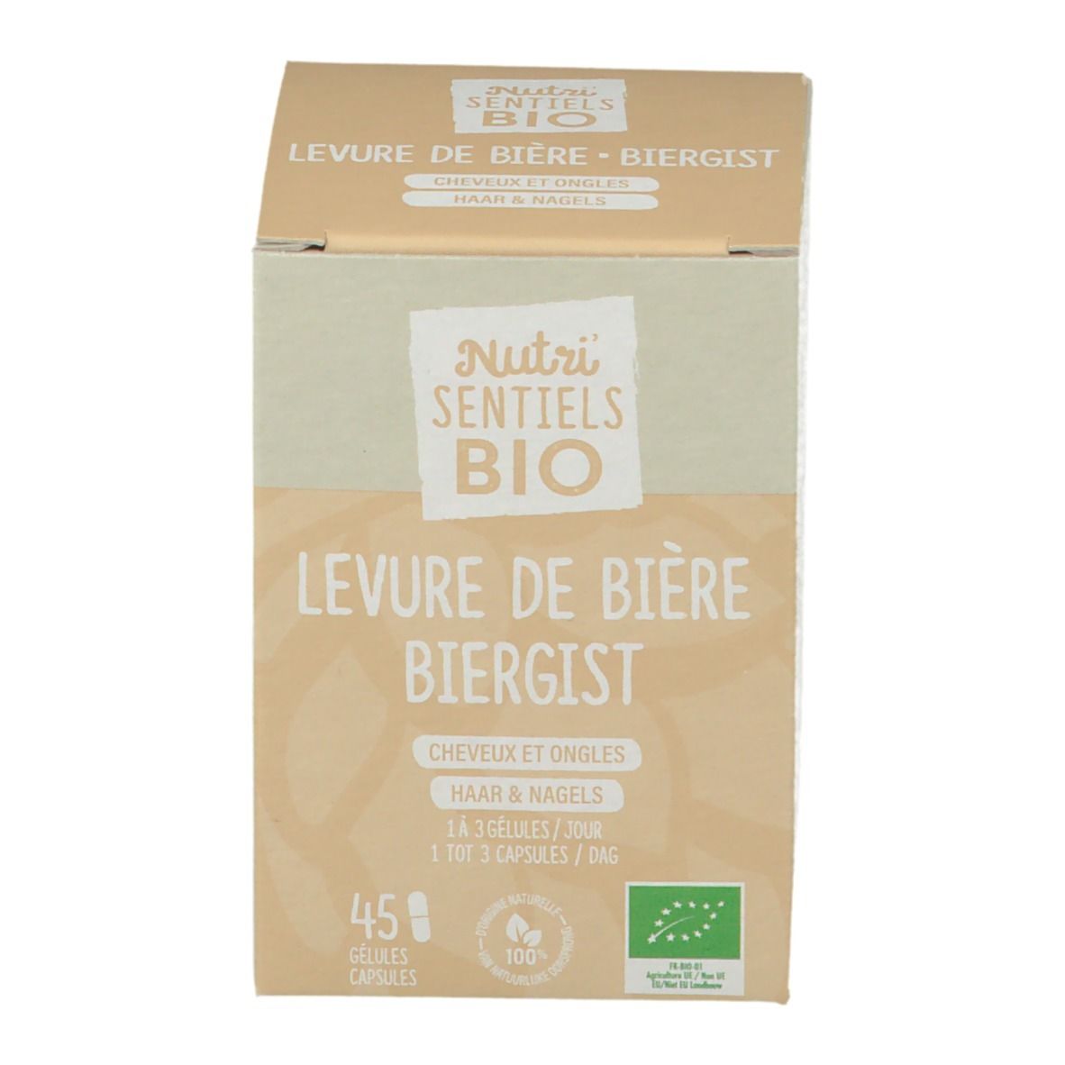 Emballage. Inscriptions: Nutri'Sentiels BIO, Levure de Bière Biergist, Cheveux & Ongles. 45 gélules. Label bio.