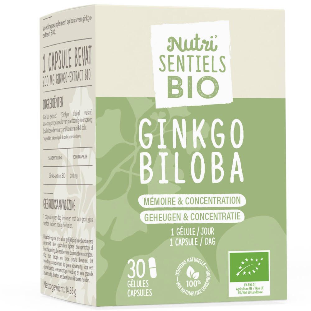 Boîte de Nutri'Sentiels Bio Ginkgo Biloba. Contient 30 gélules. Inscription : Mémoire & Concentration. Certification bio.