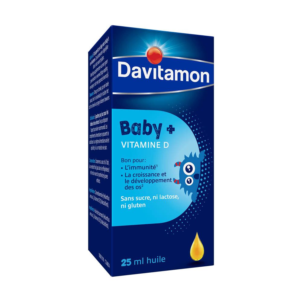 Davitamon Baby + Vitamin D Schachtel. 25 ml Öl. Aufschrift: Baby + Vitamin D. Abbildung eines Monsters.