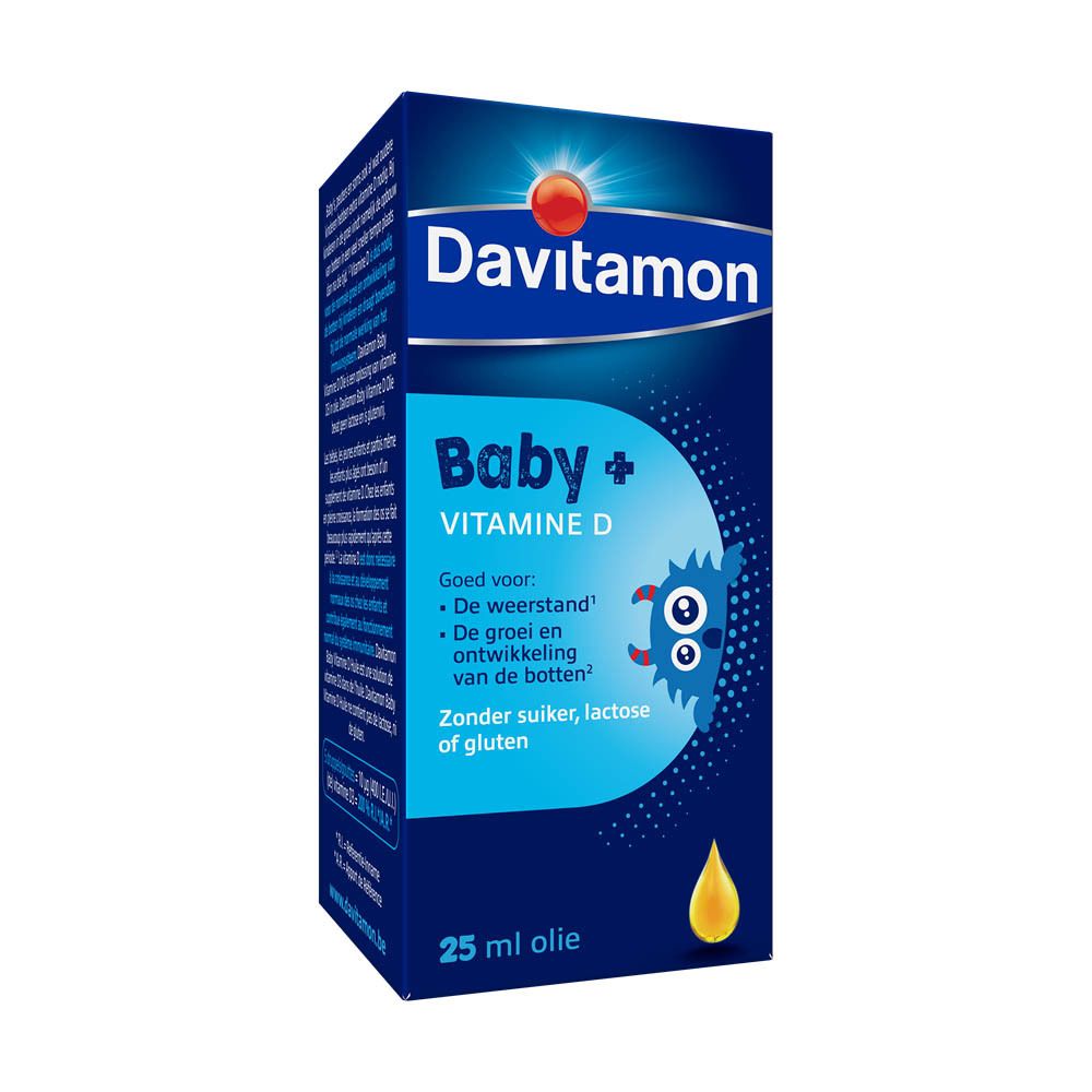Davitamon Baby + Vitamine D fles en doos. 25 ml olie. Opschrift: Baby + Vitamine D.