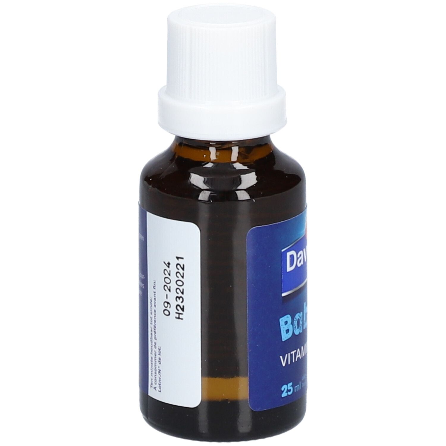 Bruine fles met witte dop. Opschrift: Davitamon Baby + Vitamine D. 25 ml olie. Etiket.