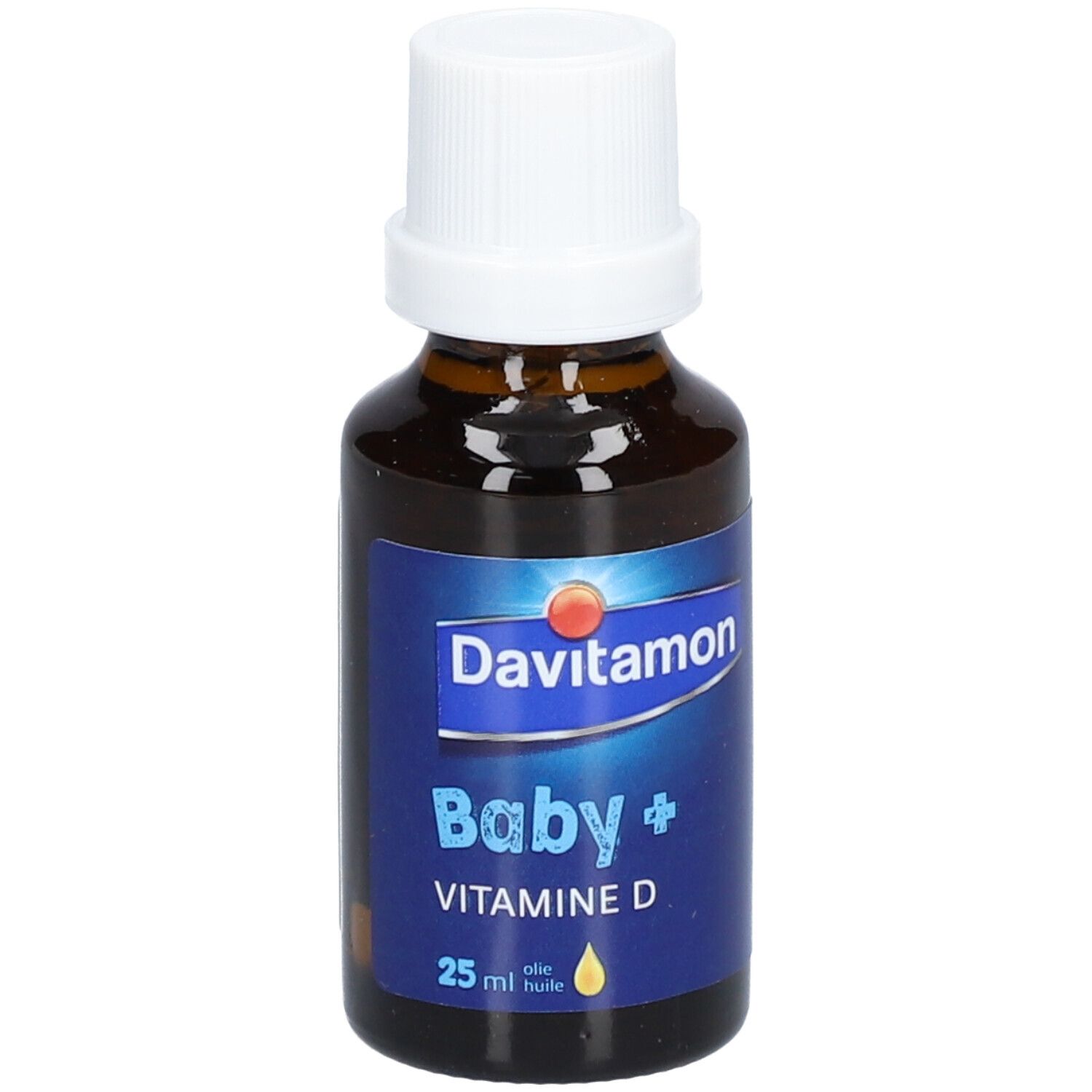 Bruine fles met witte dop. Opschrift: Davitamon Baby + Vitamine D. 25 ml olie.
