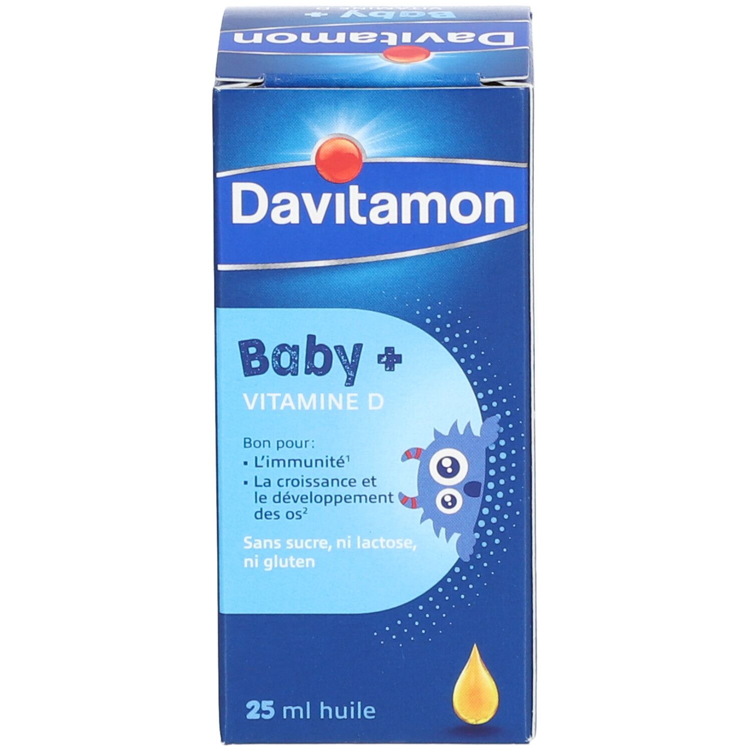 Davitamon Baby + Vitamine D doos. 25 ml olie. Opschrift: Baby + Vitamine D. Illustratie van een monster.
