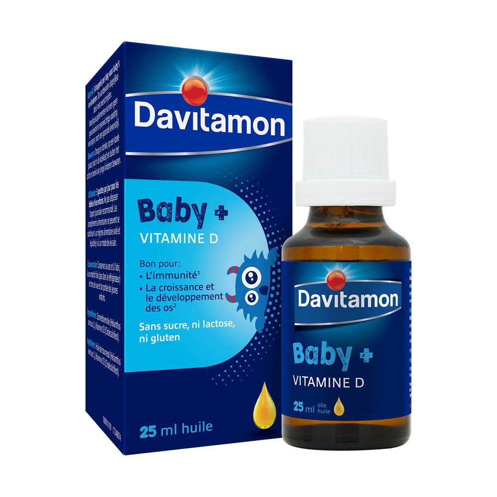 Flacon et boîte Davitamon Baby + Vitamine D. 25 ml d'huile. Inscription : Baby + Vitamine D.