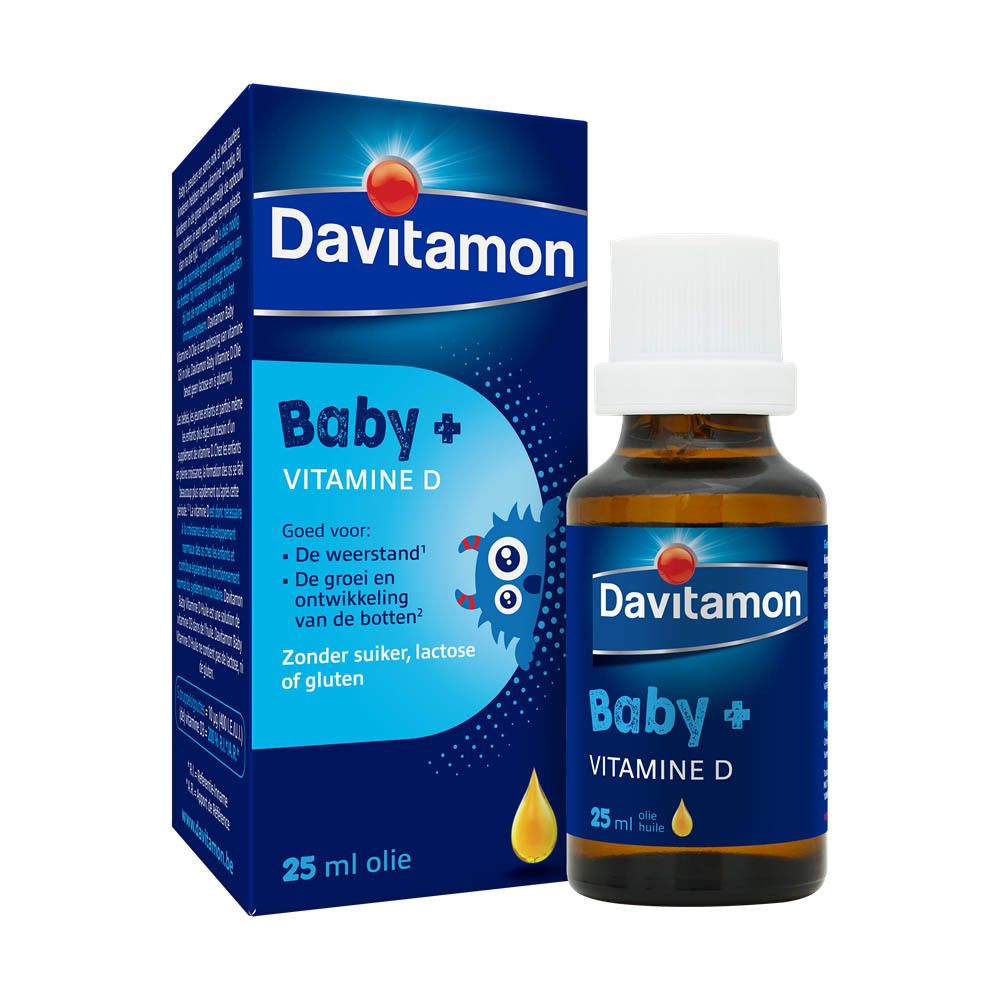 Davitamon Baby + Vitamine D fles en doos. 25 ml olie. Opschrift: Baby + Vitamine D.