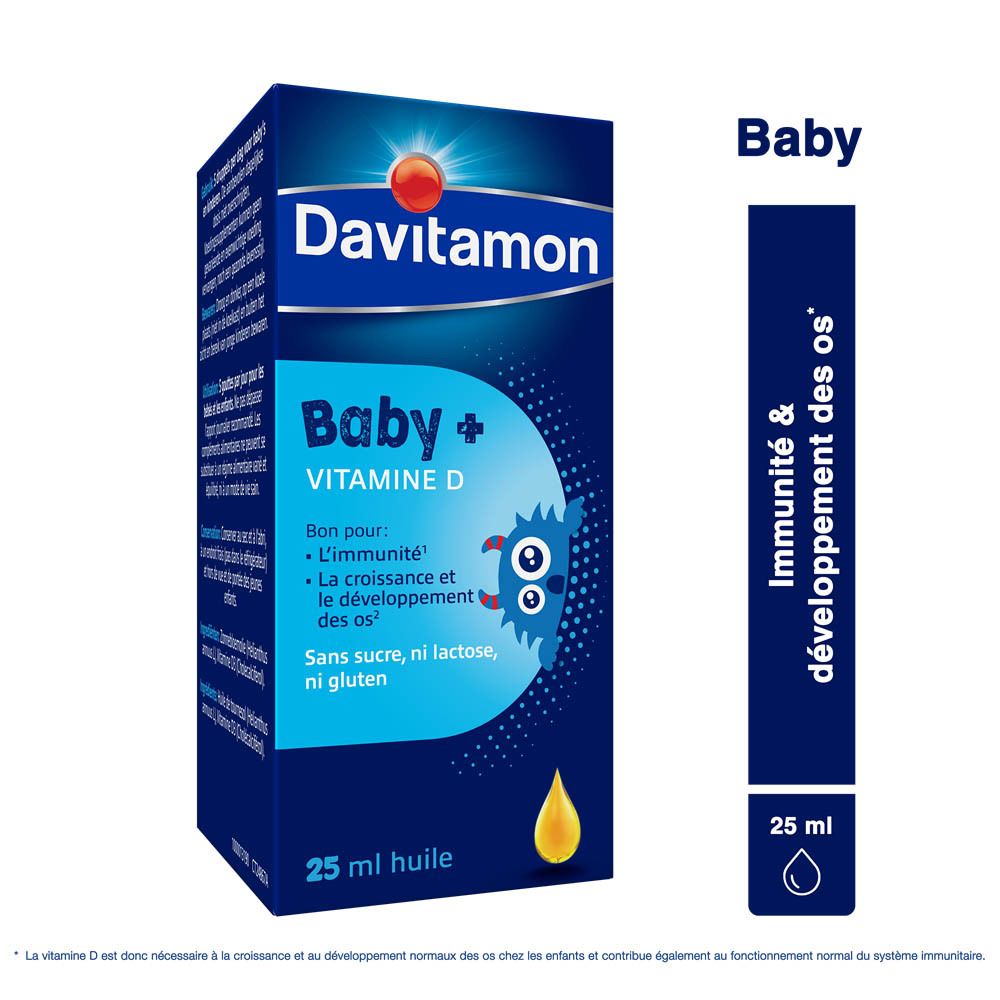 Flacon et boîte Davitamon Baby + Vitamine D. 25 ml d'huile. Inscription : Baby + Vitamine D.
