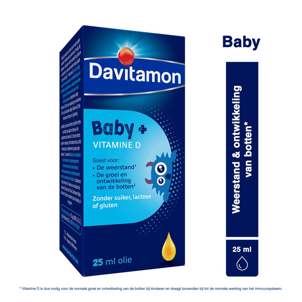 Davitamon Baby + Vitamine D fles en doos. 25 ml olie. Opschrift: Baby + Vitamine D.