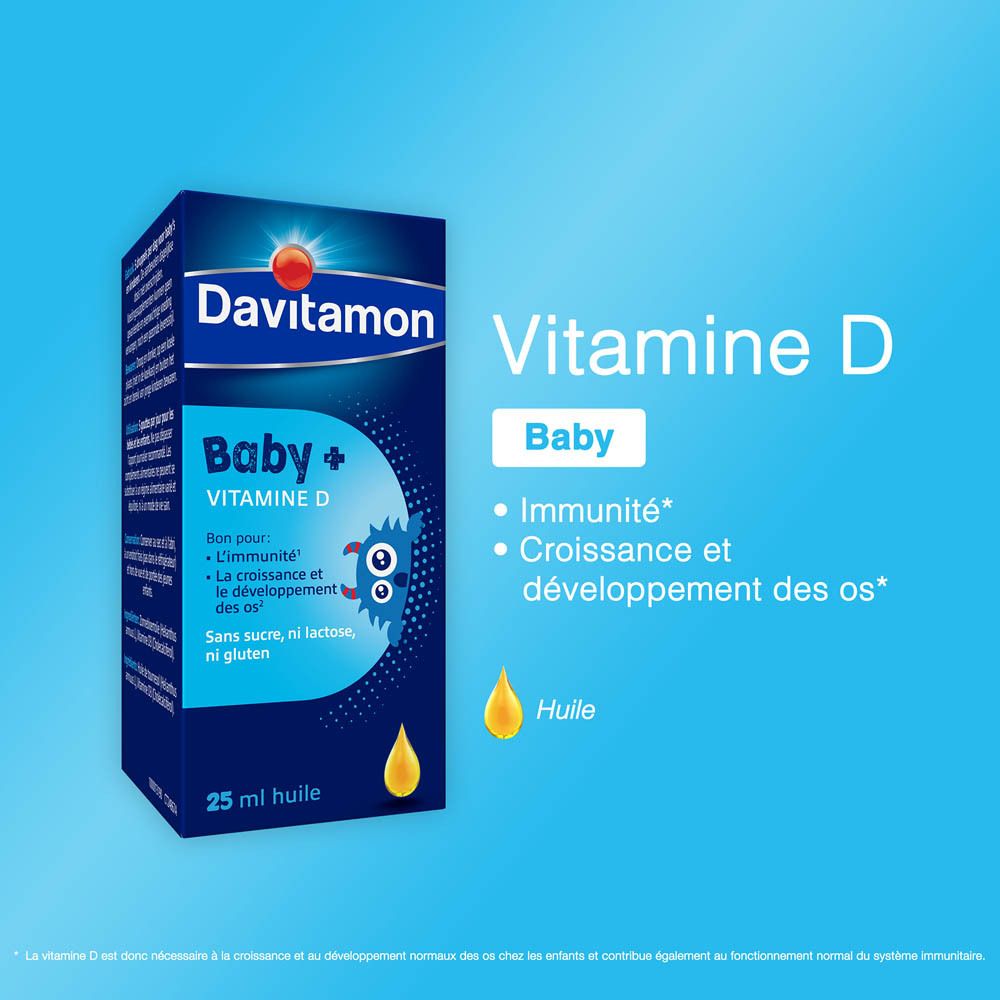 Flacon et boîte Davitamon Baby + Vitamine D. 25 ml d'huile. Inscription : Baby + Vitamine D.