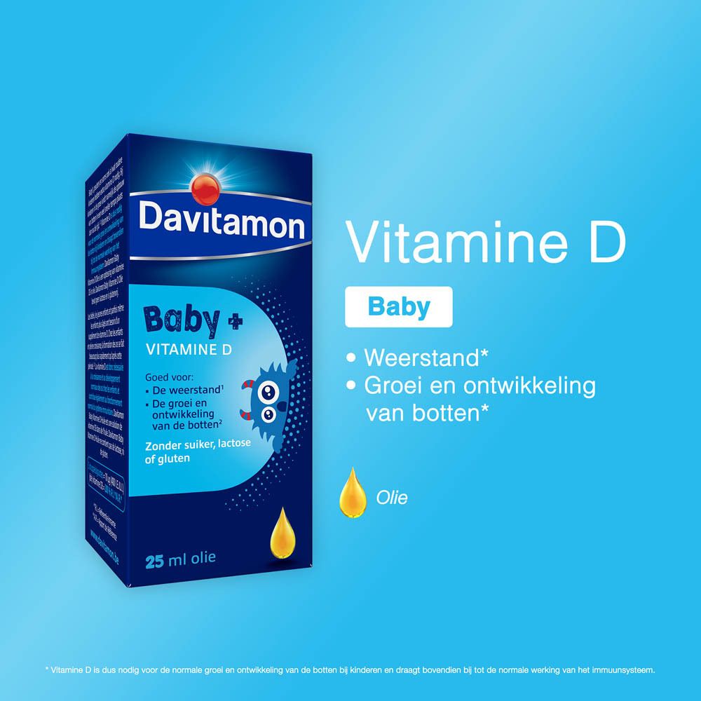 Davitamon Baby + Vitamine D fles en doos. 25 ml olie. Opschrift: Baby + Vitamine D.