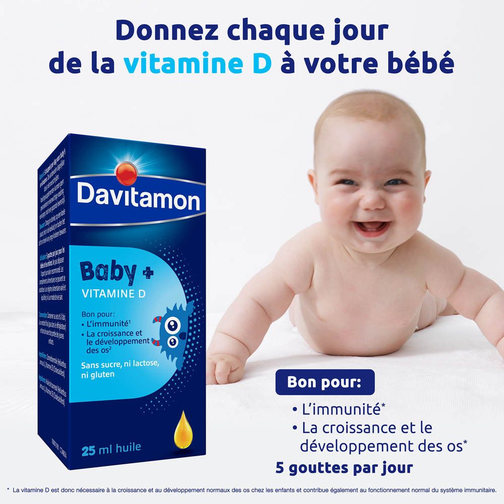 Flacon et boîte Davitamon Baby + Vitamine D. 25 ml d'huile. Inscription : Baby + Vitamine D.