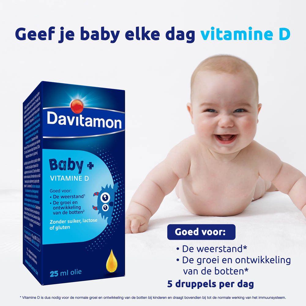 Davitamon Baby + Vitamine D fles en doos. 25 ml olie. Opschrift: Baby + Vitamine D.