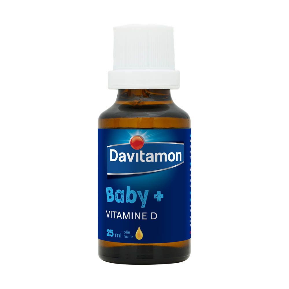 Davitamon Baby + Vitamine D fles en doos. 25 ml olie. Opschrift: Baby + Vitamine D.