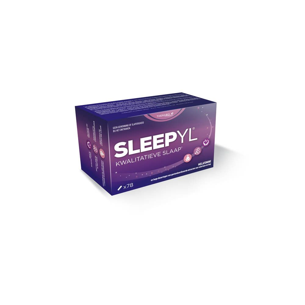 Sleepyl verpakking. Paars-blauwe doos met productnaam en ingrediënten. Bevat 78 tabletten.