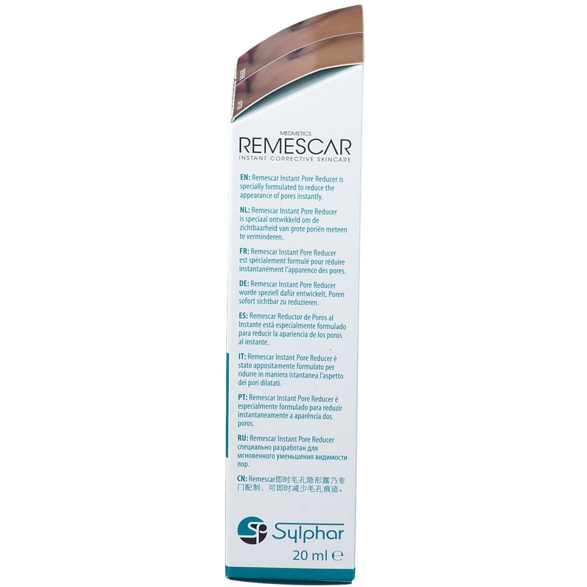 Verpakking met tekst in meerdere talen. Opschrift: Remescar Instant Pore Reducer. Logo Sylphar.