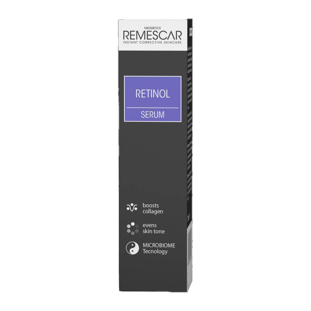 Zwarte verpakking met productinfo. Boven: "Remescar". Product: Retinol Serum.